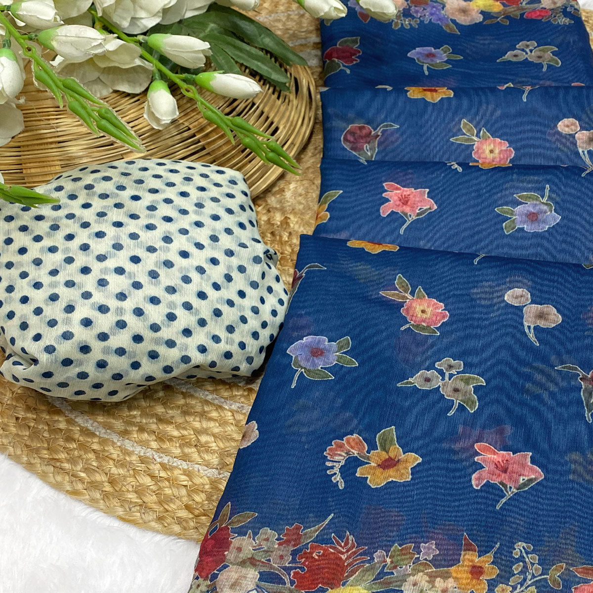 Blue Floral Digital Print Chanderi Cotton Saree Enhanced With Charming Zari Weaving Border