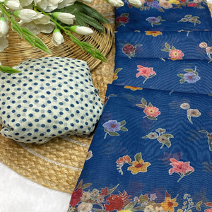 Blue Floral Digital Print Chanderi Cotton Saree Enhanced With Charming Zari Weaving Border