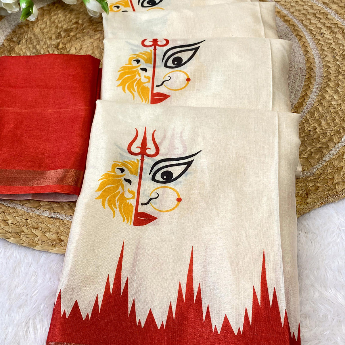 Exquisite Offwhite & Red Durga Maa Digital Printed Saree With Sacred Motifs & Contrast Border