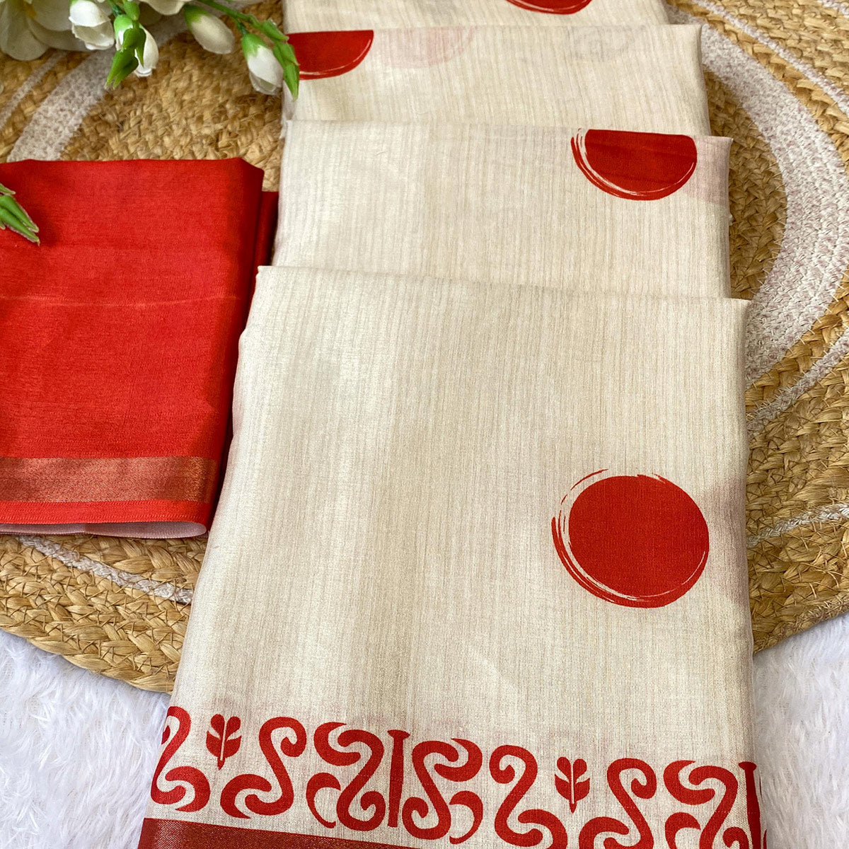 Classic Offwhite & Red Durga Maa Digital Printed Saree With Sacred Motifs & Contrast Border