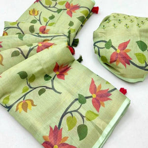 Green Floral Printed Tissue Cotton Silk Saree Enhanced with a Classic Zari Weaving Border