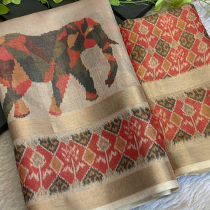 Beige Digital Print Saree in Premium Tissue Cotton Silk for Festive & Elegant Styling