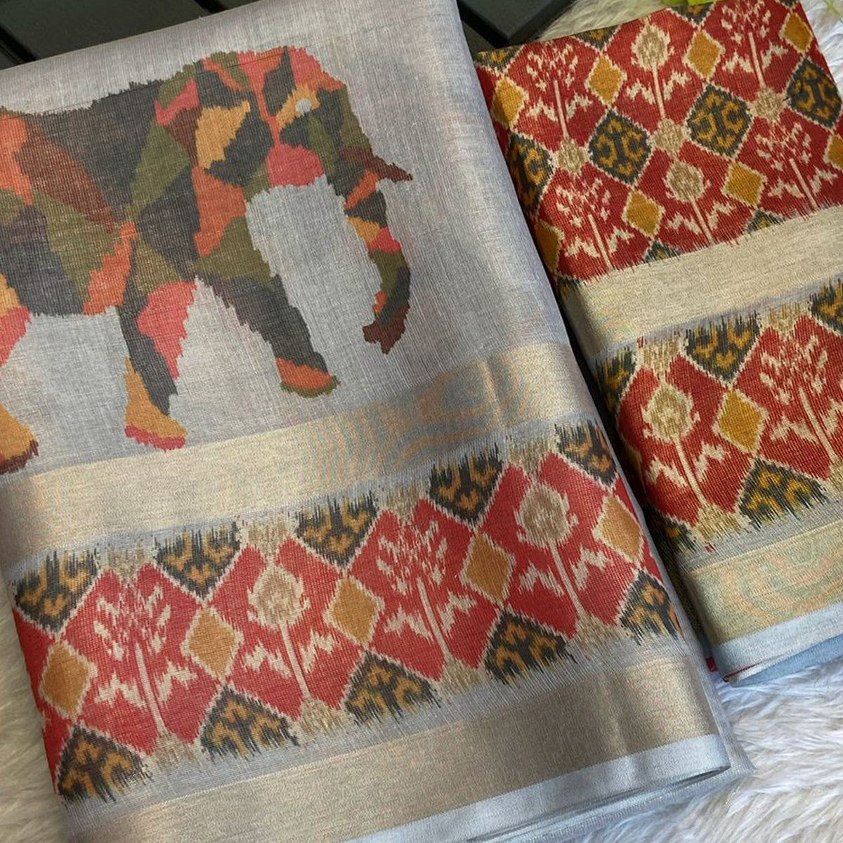 Grey Digital Print Saree in Premium Tissue Cotton Silk for Festive & Elegant Styling