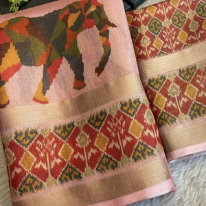 Pink Digital Print Saree in Premium Tissue Cotton Silk for Festive & Elegant Styling