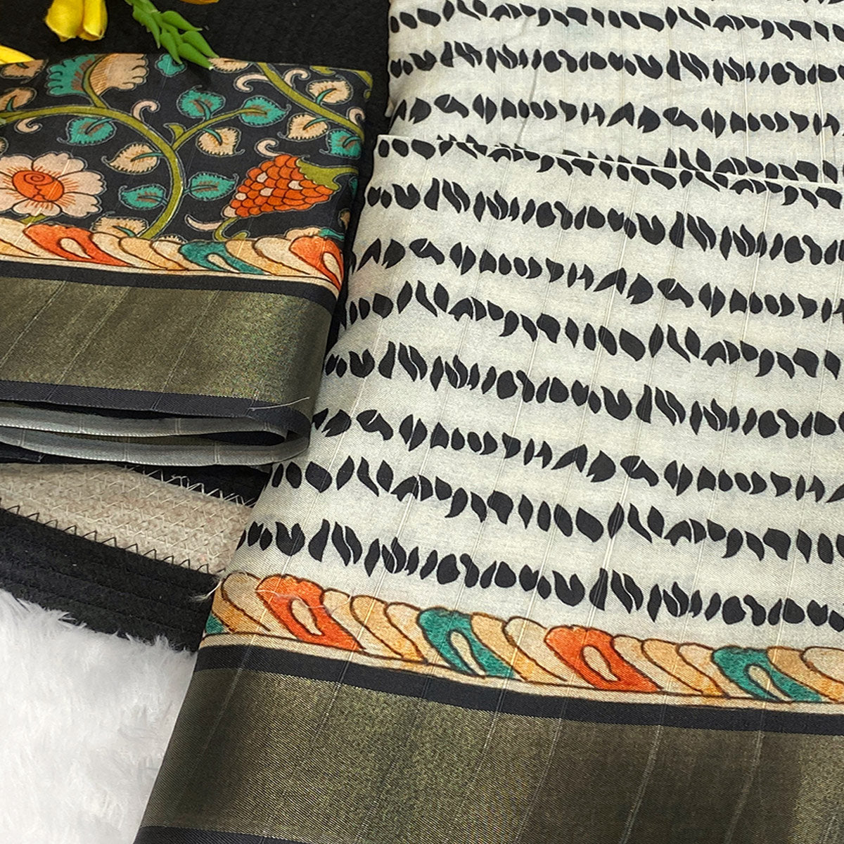 White Tusser Art Silk Saree Embellished With Peacock Print & Zari Border Work