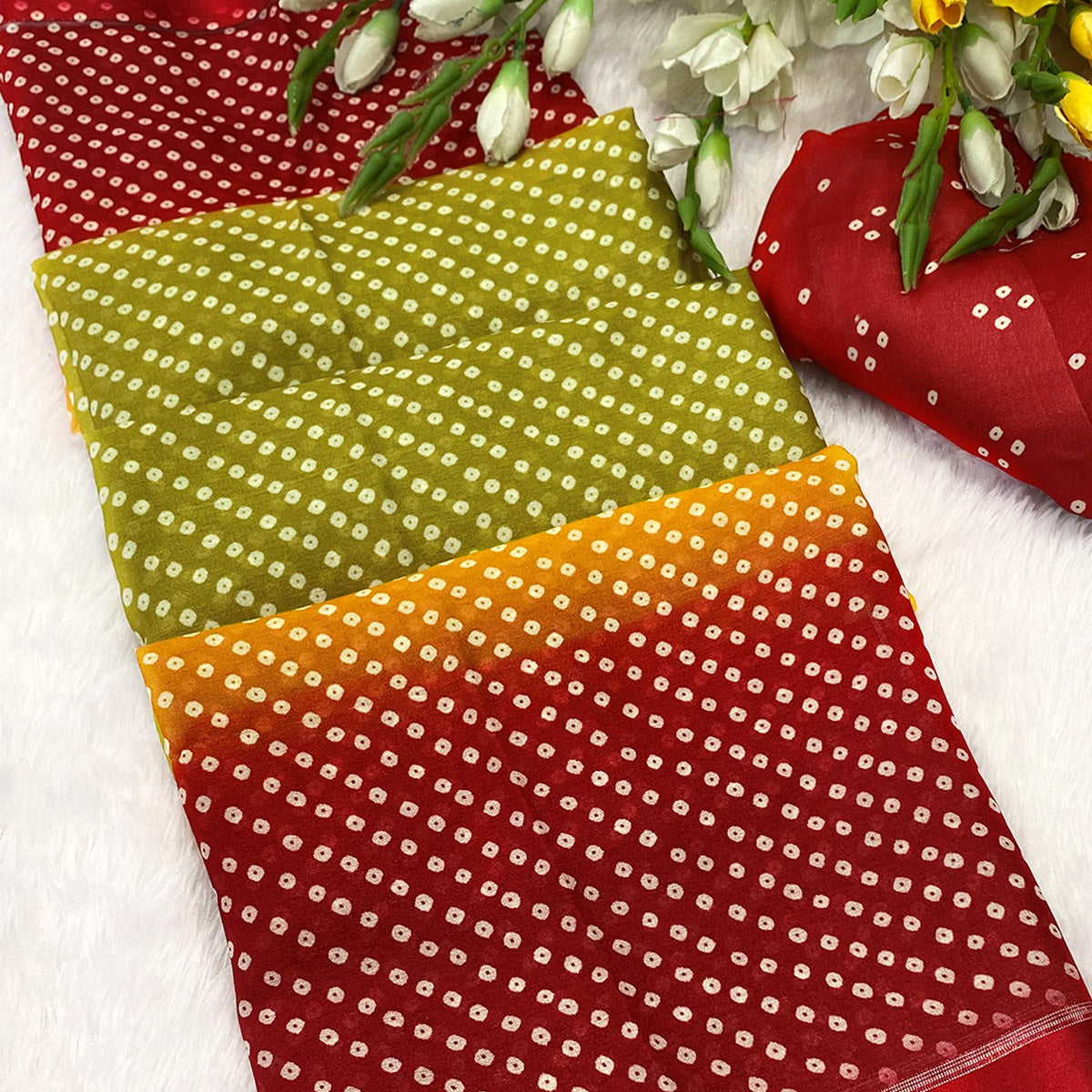 Designer Bandhani Saree in Green & Red Crafted from Soft Moss Georgette