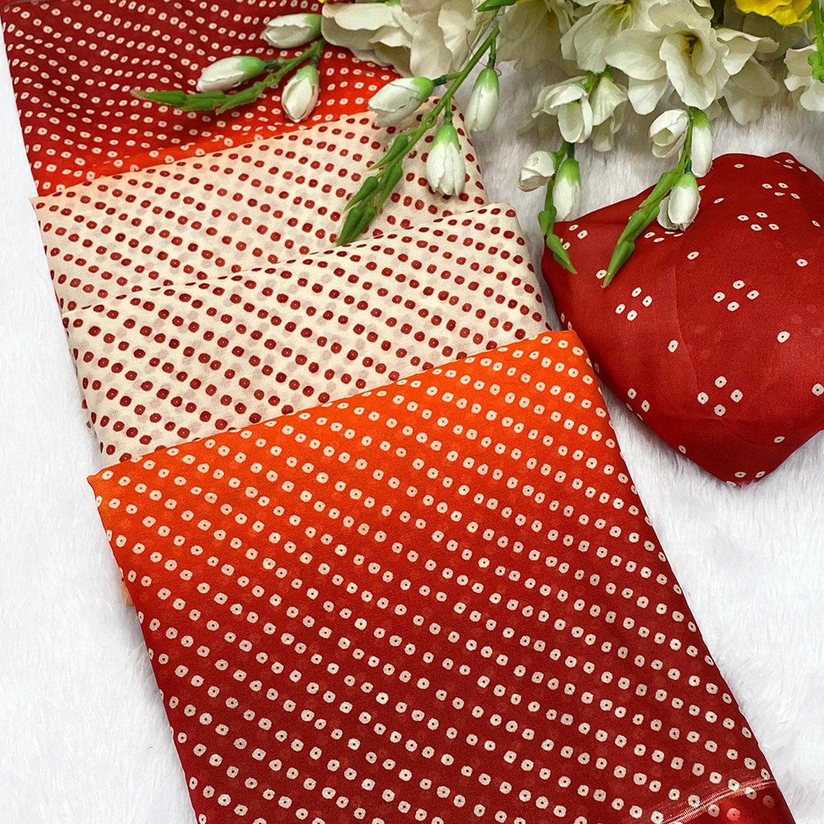 Designer Bandhani Saree in Off White & Red Crafted from Soft Moss Georgette