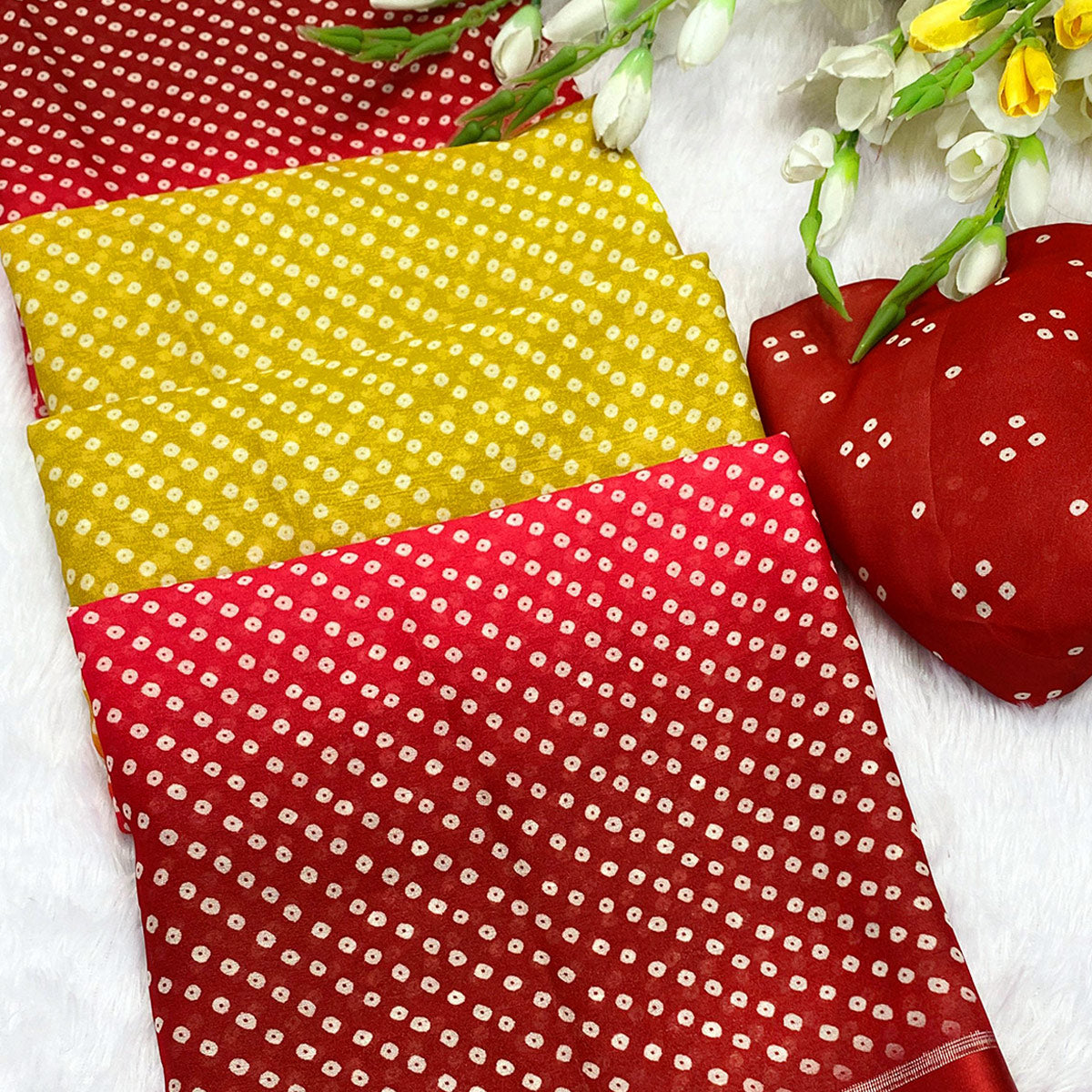 Traditional Bandhani Moss Georgette Saree in Dual Tone Yellow & Red