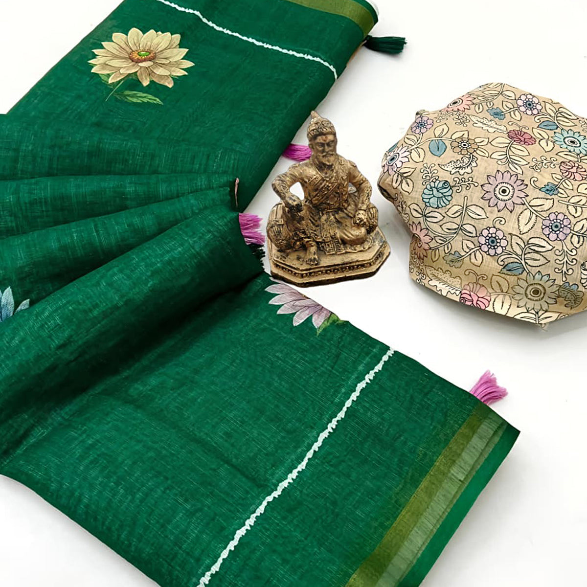 Elegant Green Floral Digital Printed Linen Cotton Saree With Woven Border & Tassel Pallu