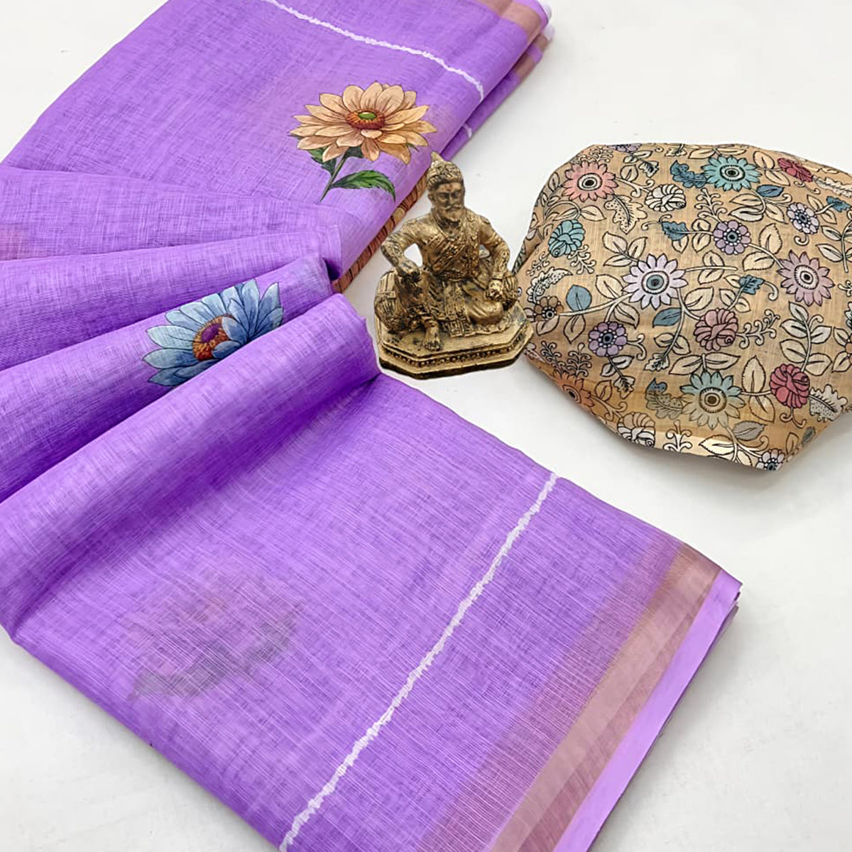 Elegant Lavender Floral Digital Printed Linen Cotton Saree With Woven Border & Tassel Pallu