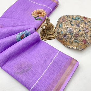 Elegant Lavender Floral Digital Printed Linen Cotton Saree With Woven Border & Tassel Pallu