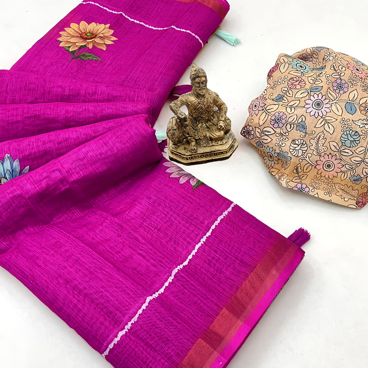 Elegant Rani Pink Floral Digital Printed Linen Cotton Saree With Woven Border & Tassel Pallu