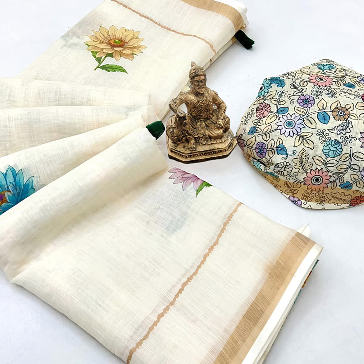 Elegant Cream Floral Digital Printed Linen Cotton Saree With Woven Border & Tassel Pallu
