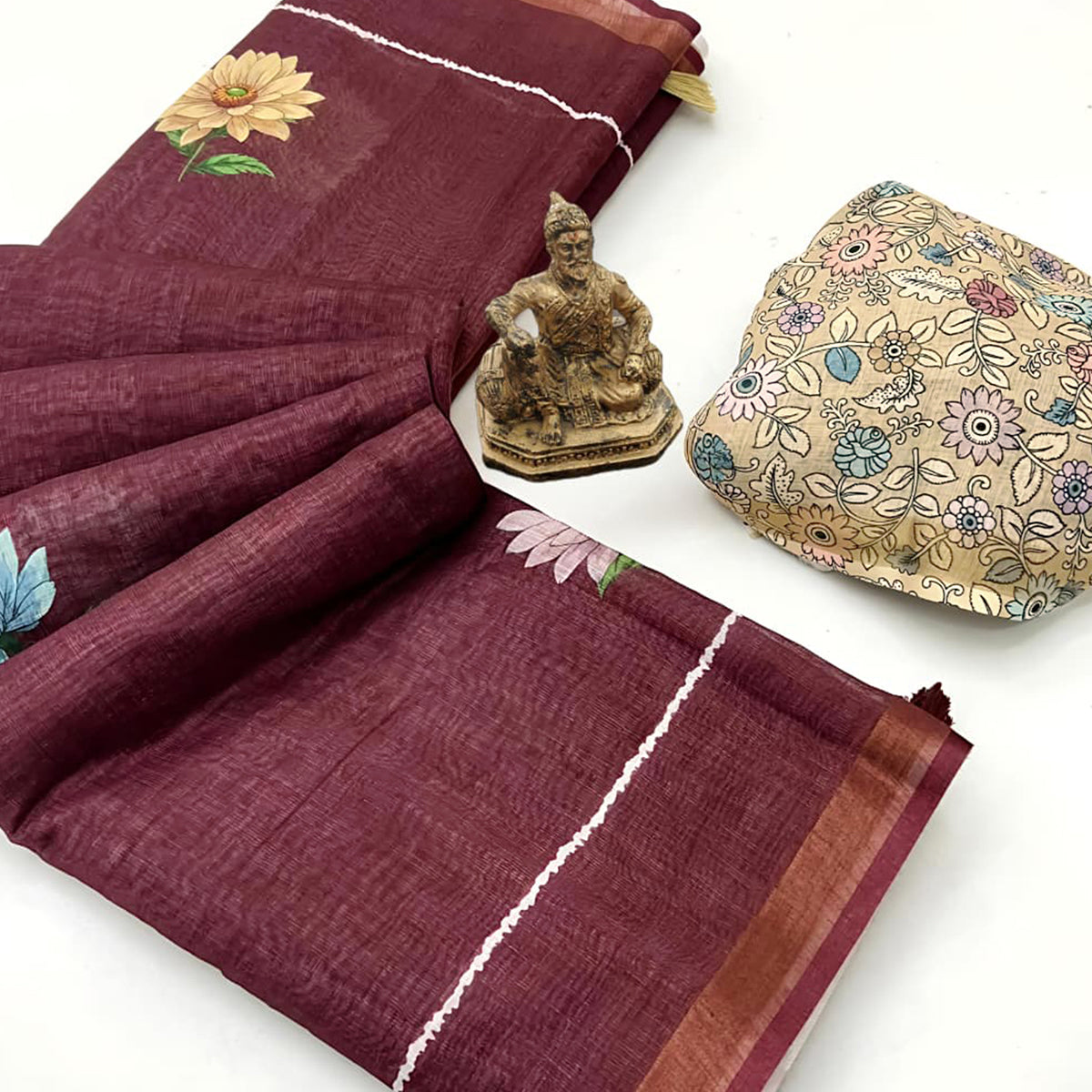 Elegant Brown Floral Digital Printed Linen Cotton Saree With Woven Border & Tassel Pallu