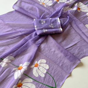 Graceful Lavender Linen Cotton Saree with Stylish Floral Prints for Effortless Elegance