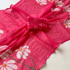 Graceful Pink Linen Cotton Saree with Stylish Floral Prints for Effortless Elegance