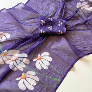 Graceful Purple Linen Cotton Saree with Stylish Floral Prints for Effortless Elegance