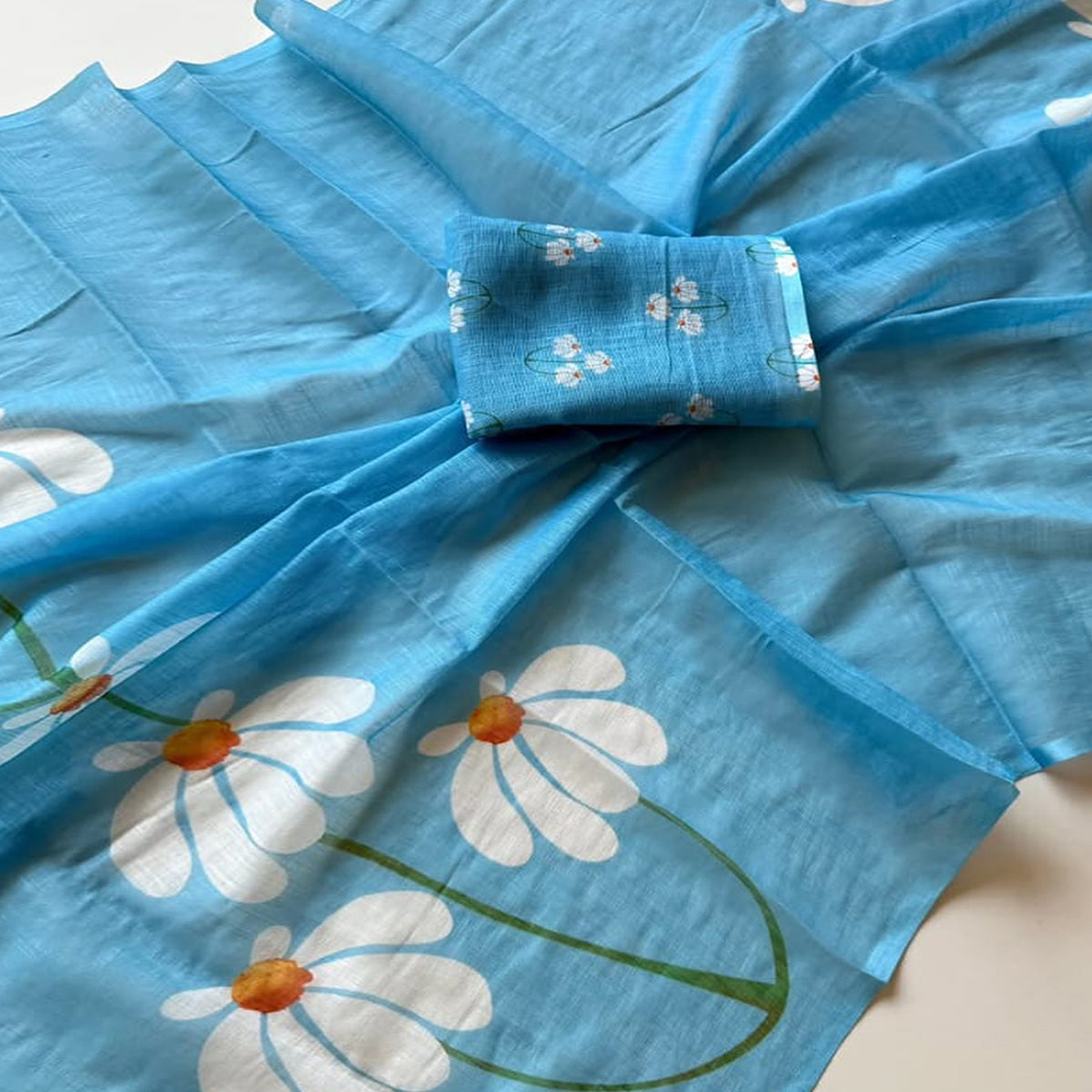 Graceful Sky Blue Linen Cotton Saree with Stylish Floral Prints for Effortless Elegance