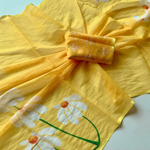 Graceful Yellow Linen Cotton Saree with Stylish Floral Prints for Effortless Elegance