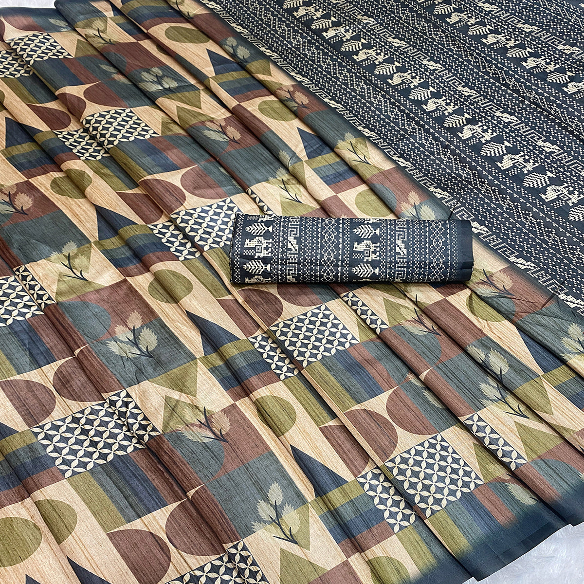 Beige Tussar Silk Blend Saree Featuring Modern Geometric Prints for a Festive Look