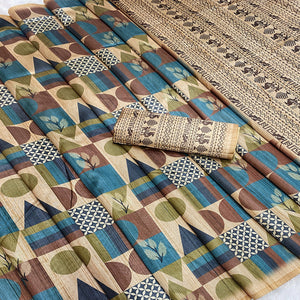 Elegant Beige Tussar Silk Blend Saree Adorned with Contemporary Geometric Patterns