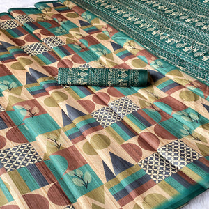 Beige Festive Tussar Silk Blend Saree Showcasing Stylish Geometric Print Detailing