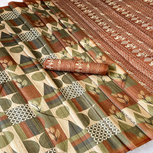 Beige Textured Tussar Silk Blend Saree Enhanced with Artistic Geometric Prints