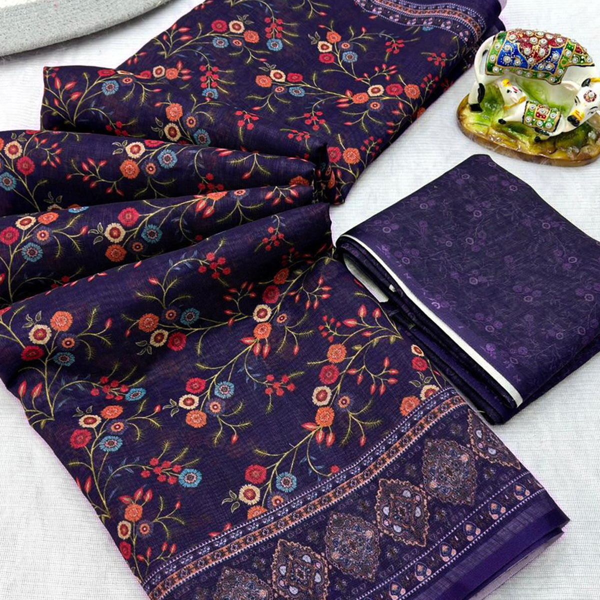 Luxurious Purple Floral Printed Linen Cotton Saree with Decorative Fancy Latkan Pallu