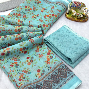 Luxurious Pale Turquoise Floral Printed Linen Cotton Saree with Decorative Fancy Latkan Pallu