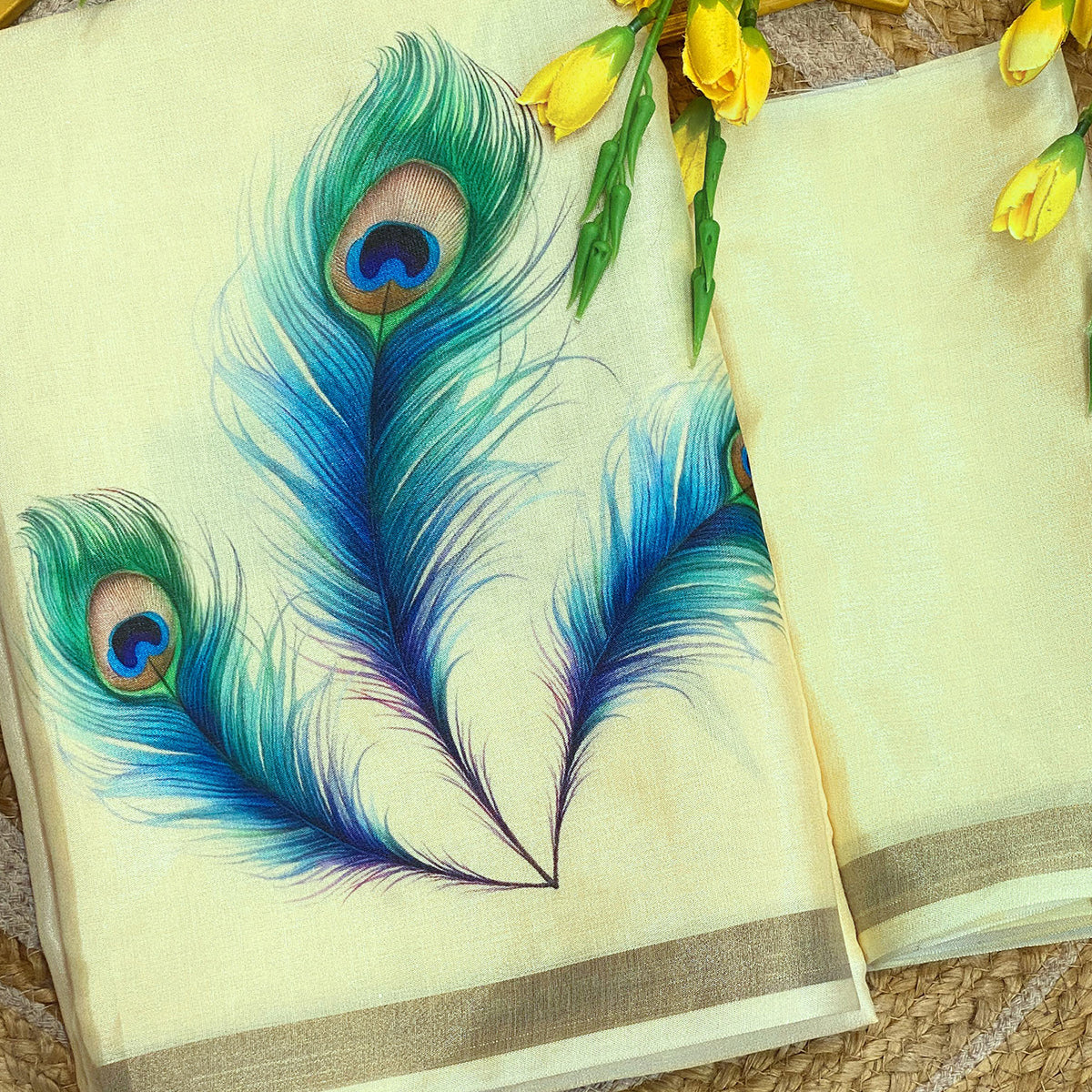 Charming Pista Green Soft Tussar Cotton Silk Saree With Peacock Feathers Print