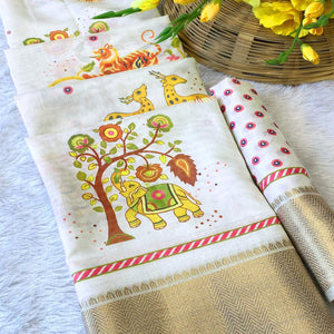 Cream Traditional Printed Dola Silk Saree Accented with Rich Zari Weaving