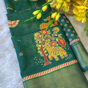 Green Traditional Printed Dola Silk Saree Accented with Rich Zari Weaving