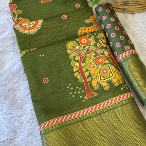 Mehendi Green Traditional Printed Dola Silk Saree Accented with Rich Zari Weaving