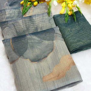 Sophisticated Blue Floral Digital Print Tissue Saree Enhanced With Handmade Tassels