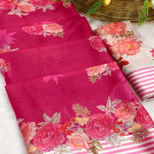 Vibrant Rani Pink Georgette Saree Adorned with Floral Digital Print & Satin Border