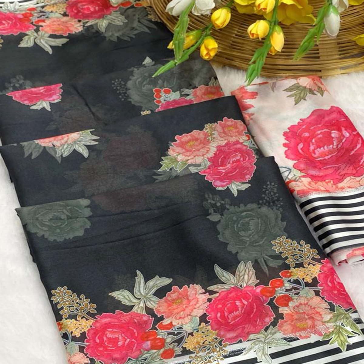 Vibrant Black Georgette Saree Adorned with Floral Digital Print & Satin Border