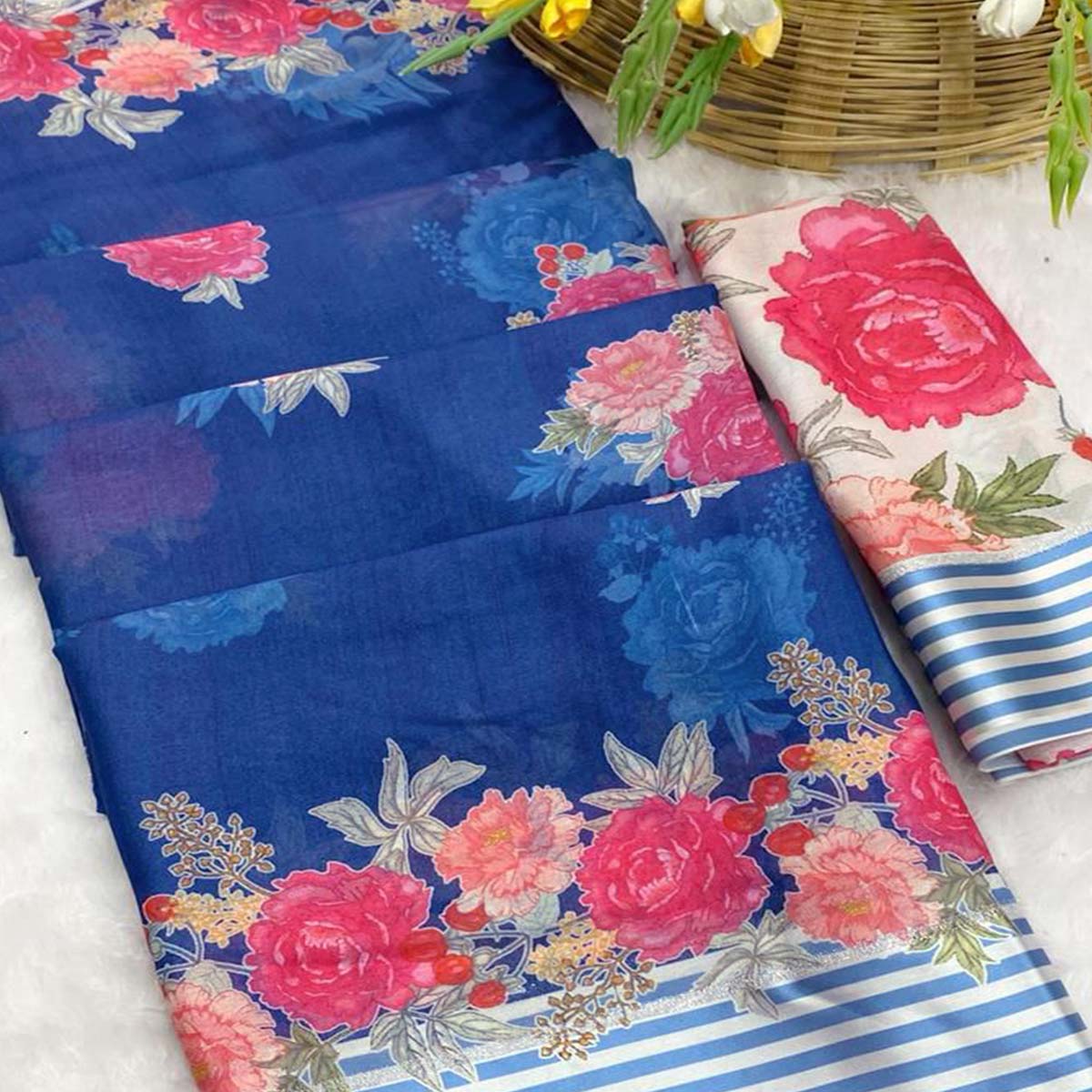 Vibrant Royal Blue Georgette Saree Adorned with Floral Digital Print & Satin Border
