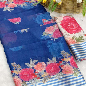 Vibrant Royal Blue Georgette Saree Adorned with Floral Digital Print & Satin Border