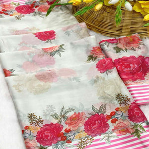 Vibrant White Georgette Saree Adorned with Floral Digital Print & Satin Border