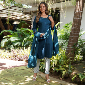 Blue Floral Embroidered Cotton Silk Salwar Suit