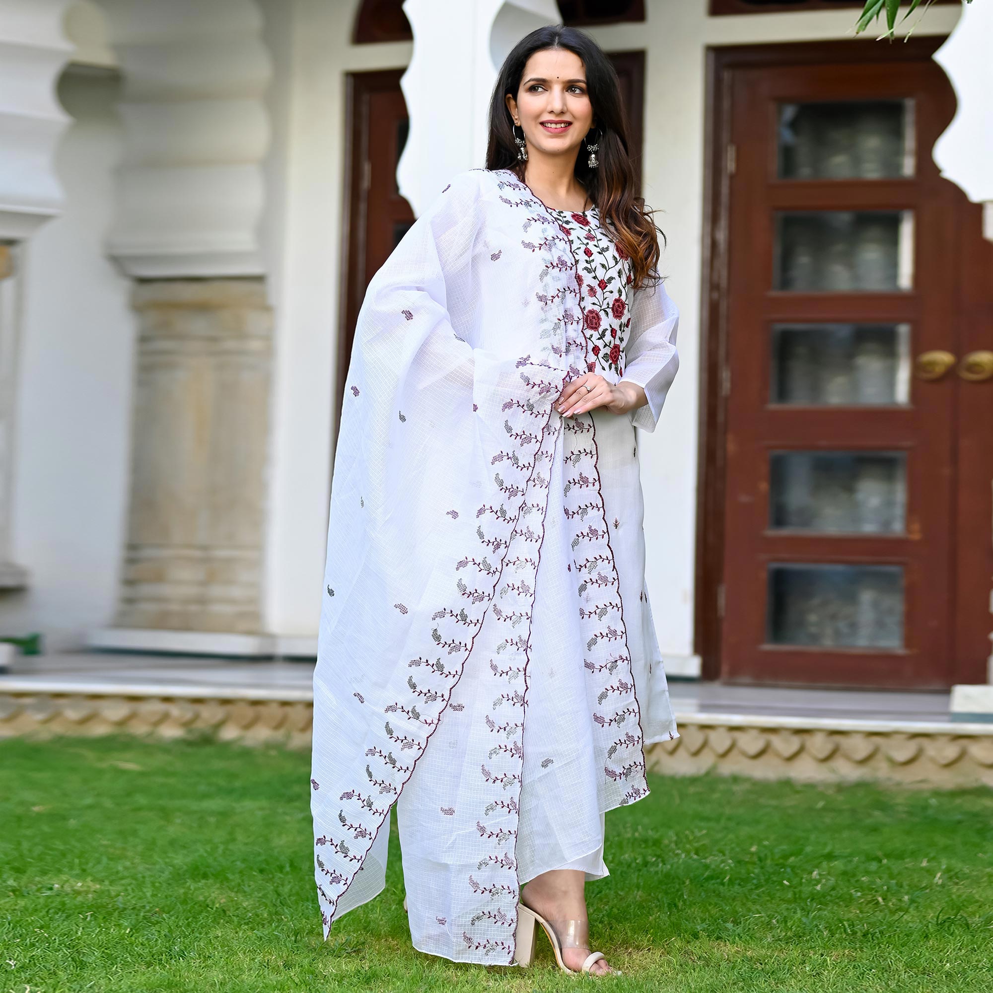 White Floral Sequins Embroidered Kota Doria Salwar Suit