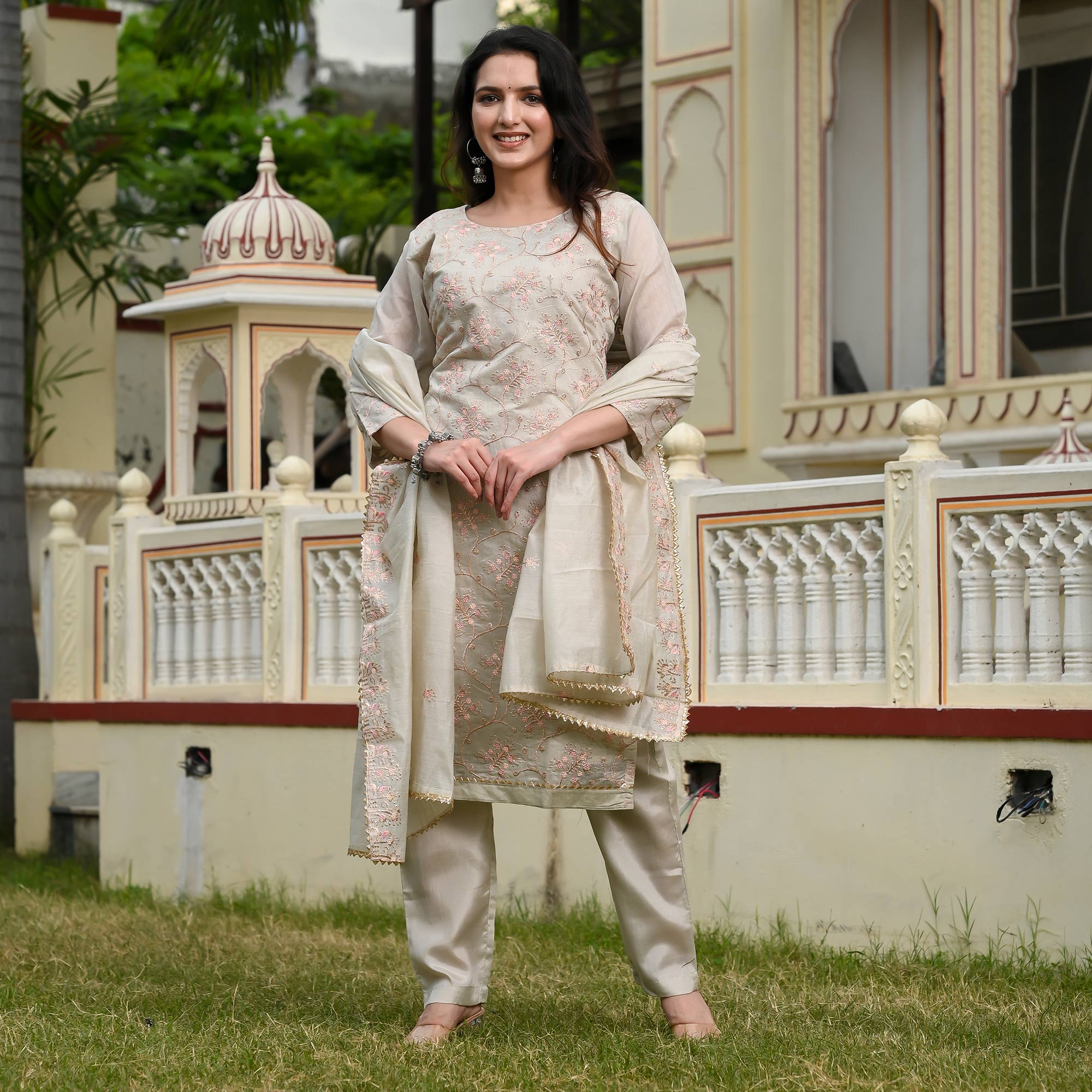 Grey Floral Embroidered Chanderi Salwar Suit