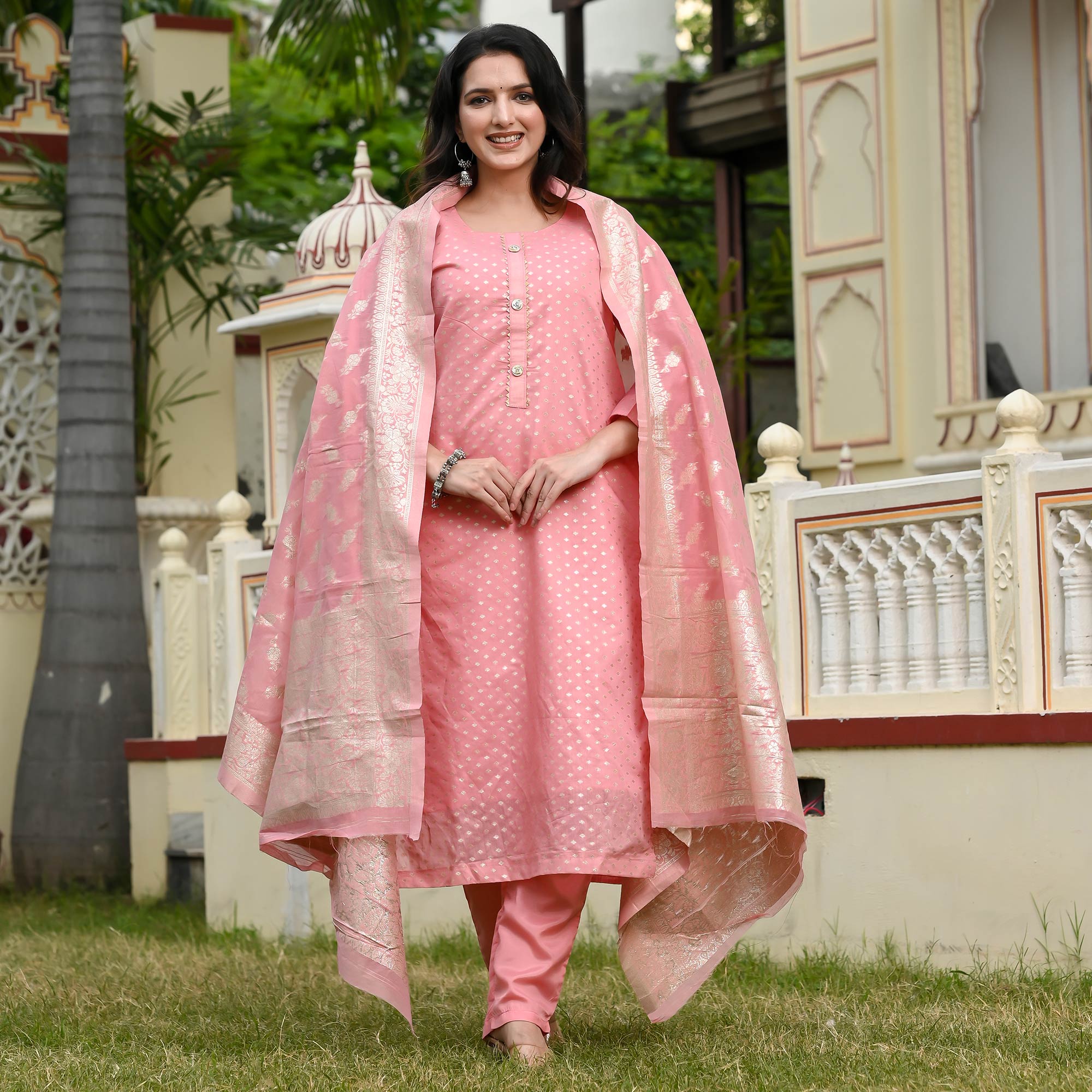 Pink Woven Banarasi Silk Salwar Suit