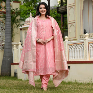Pink Woven Banarasi Silk Salwar Suit