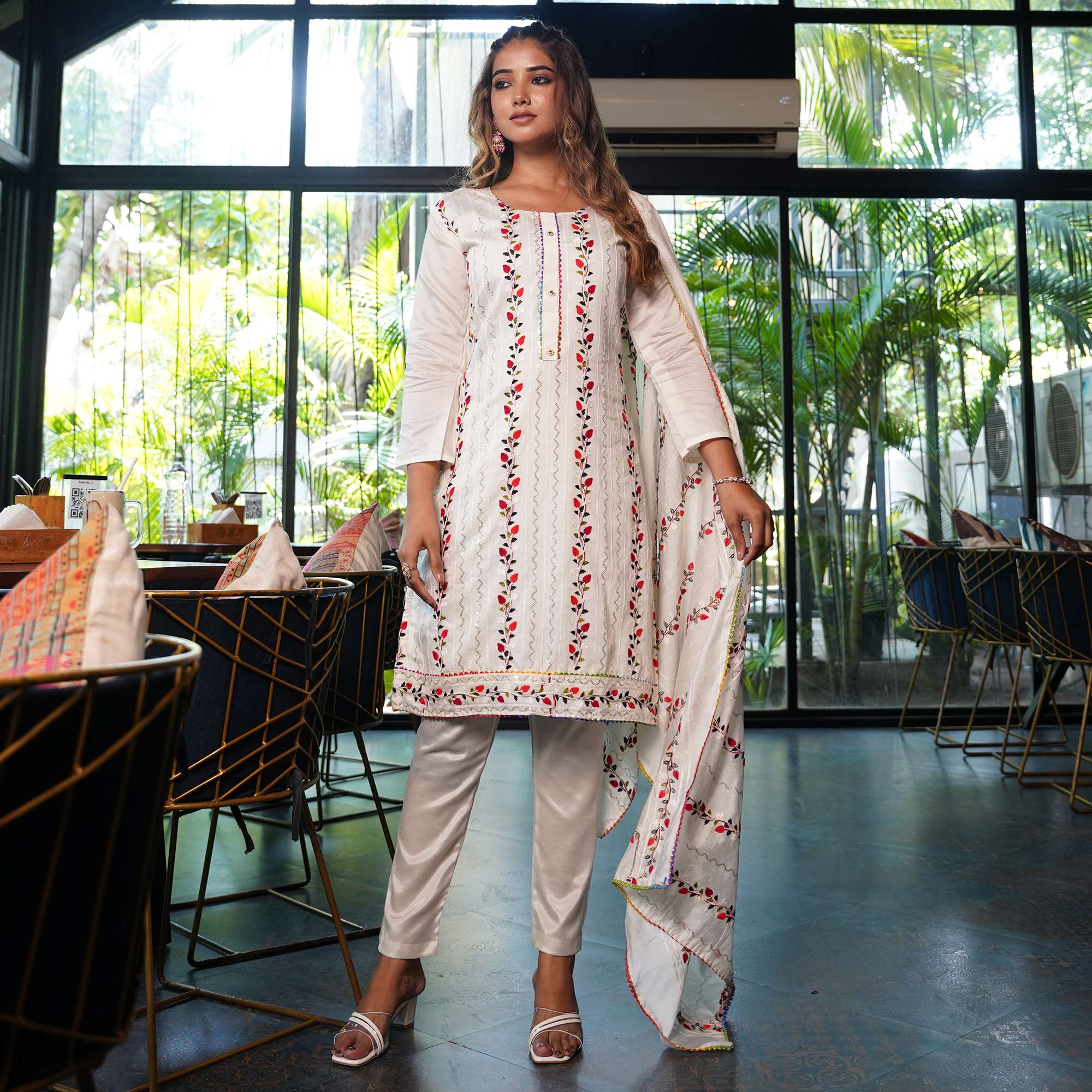 White Sequins Embroidered Chanderi Salwar Suit