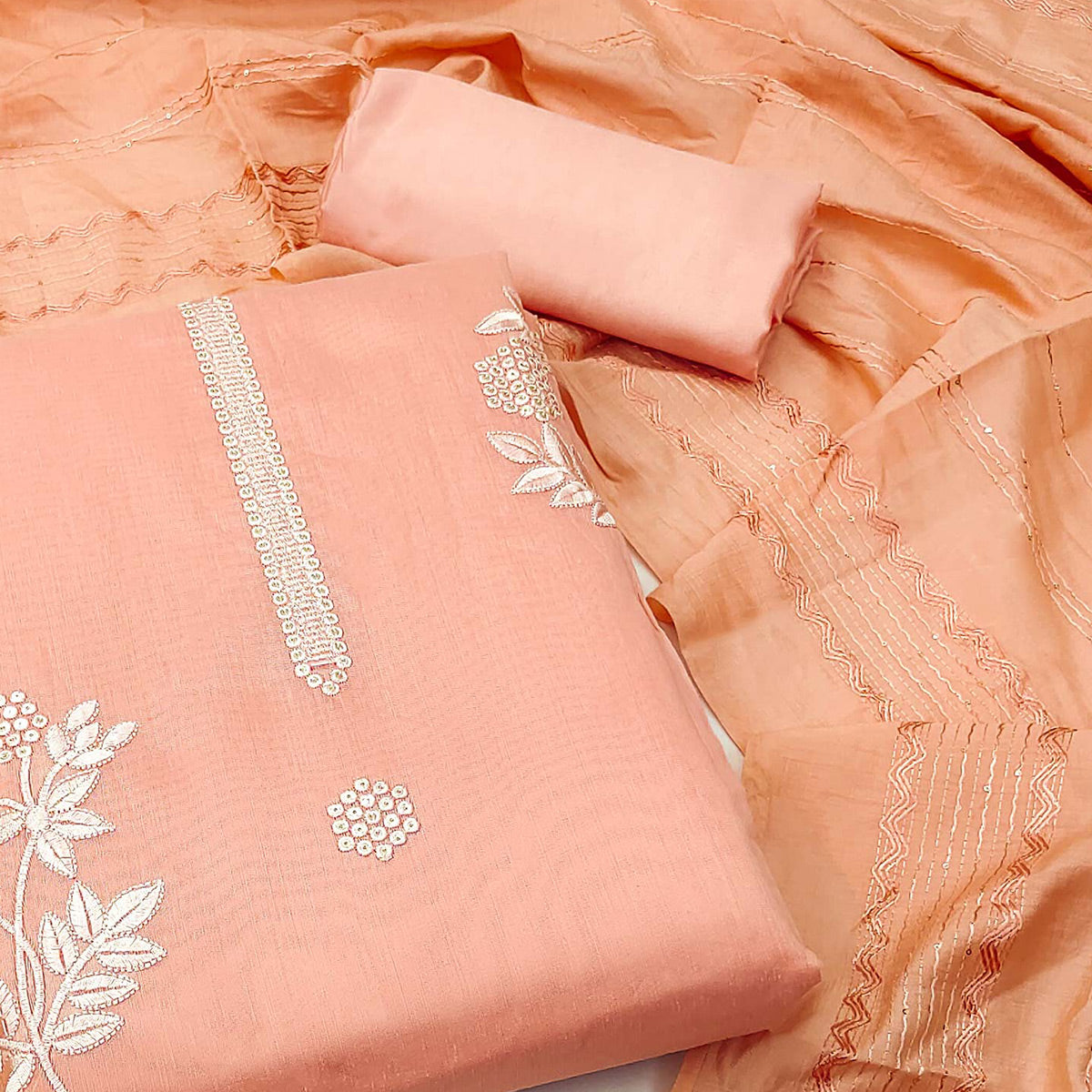 Peach Floral Sequins Embroidered Chanderi Dress Material