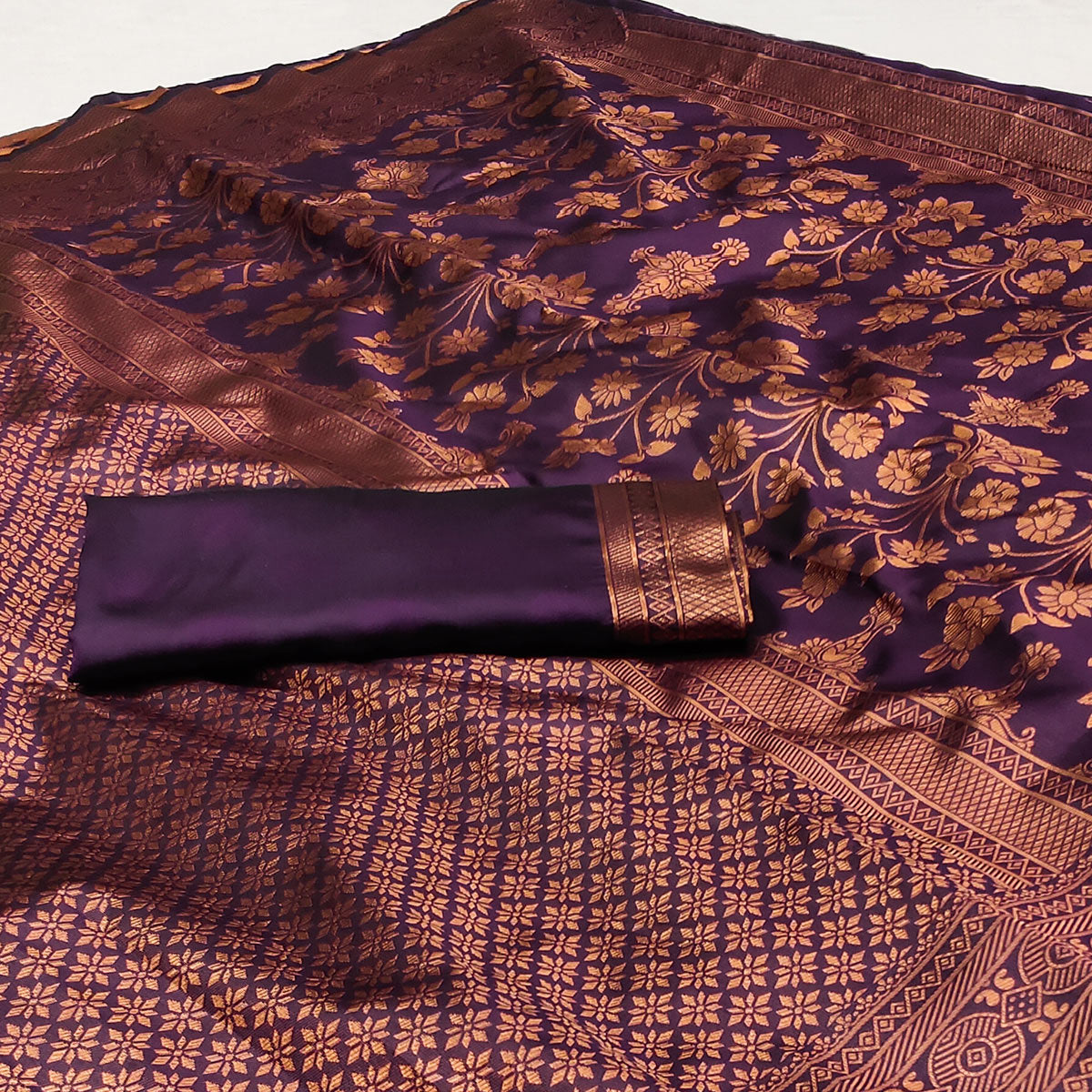 Purple Floral Woven Banarasi Silk Saree
