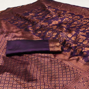 Purple Floral Woven Banarasi Silk Saree