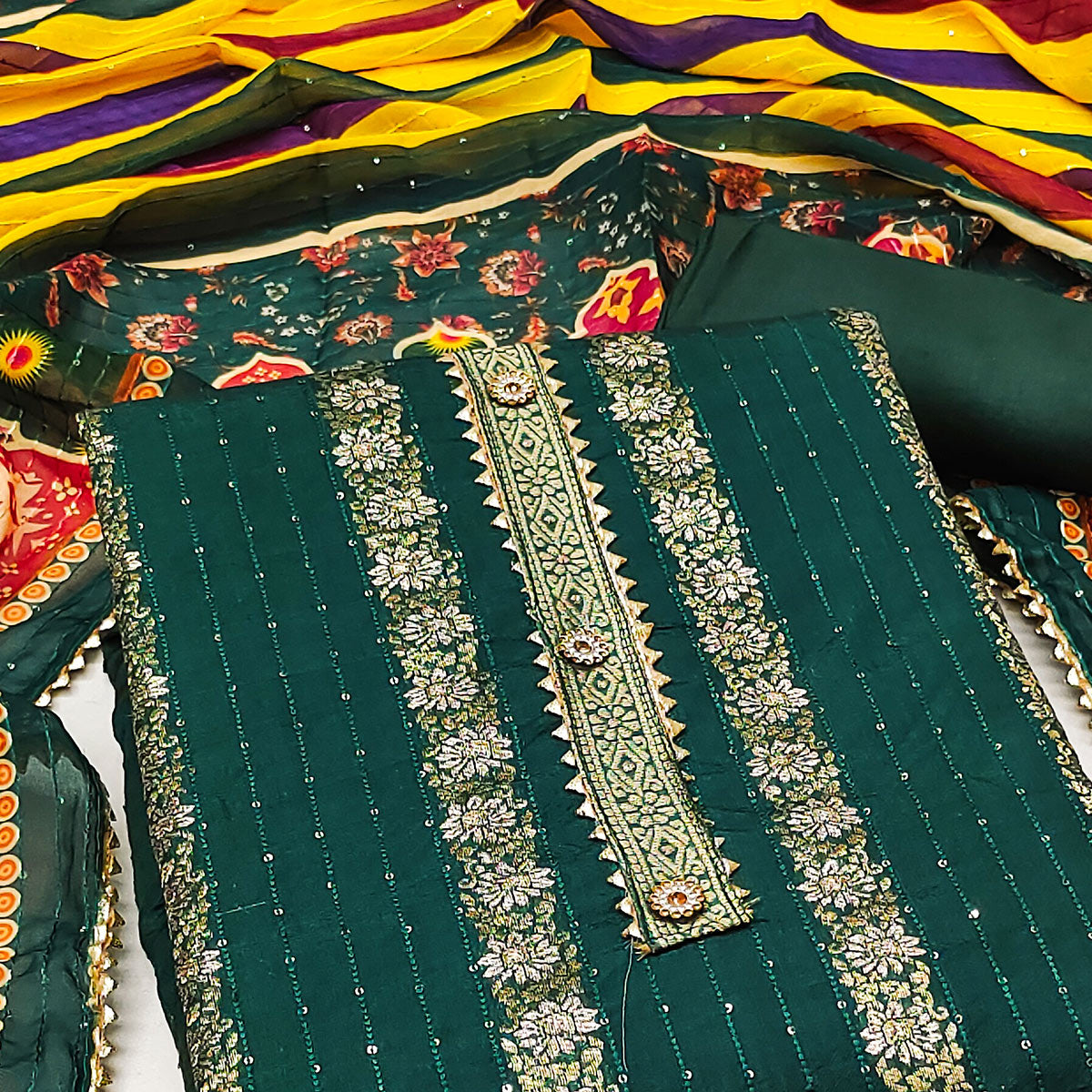 Green Woven Banarasi Silk Dress Material