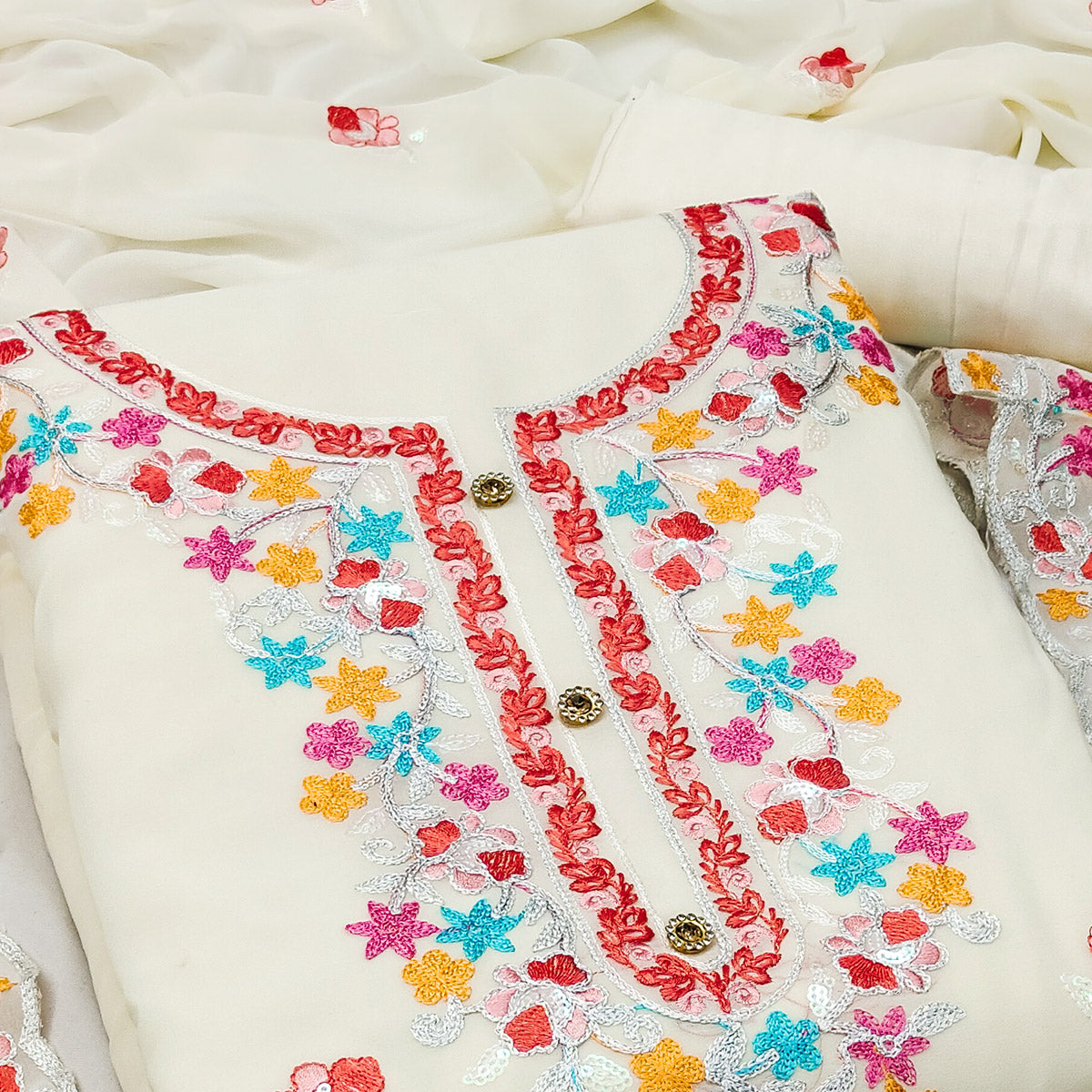 Off White Floral Embroidered Georgette Dress Material